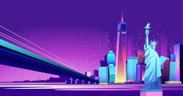 ilustraciones, imágenes clip art, dibujos animados e iconos de stock de ciudad de neon abstracto - new york city