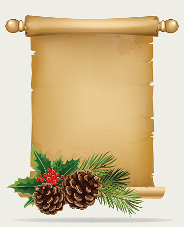 Vector Branch Of Christmas Tree With Pine Cone And Old Paper Scroll ...