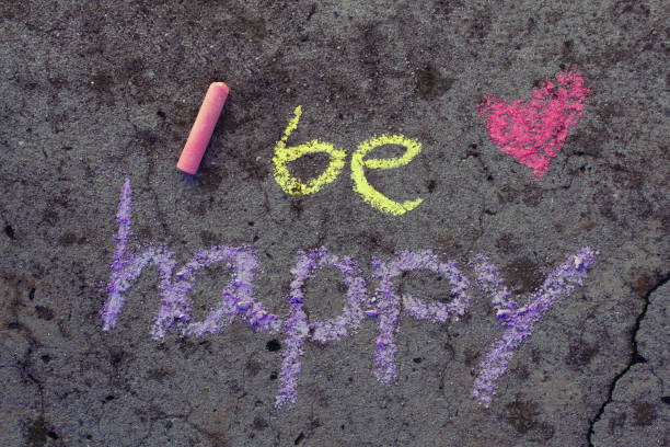istock Colorful chalk drawing on asphalt: Words BE HAPPY 1066290882
