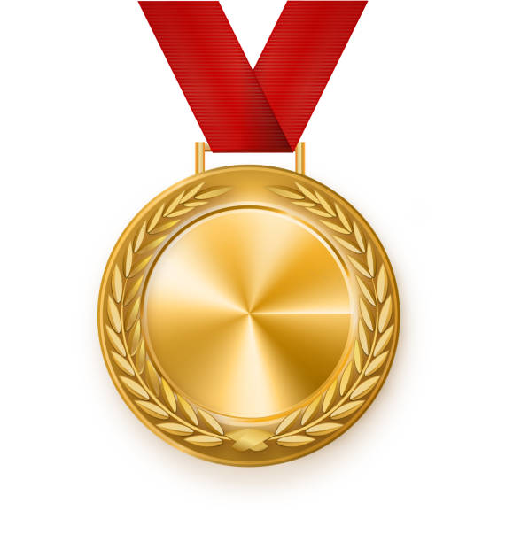 istock Vector gold medal with a red ribbon. Laurel wreath. Award for the victory. Winner. 1066291108