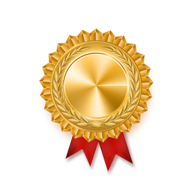 istock Gold medal with red ribbon. Metallic winner award. Vector illustration. 1066291584