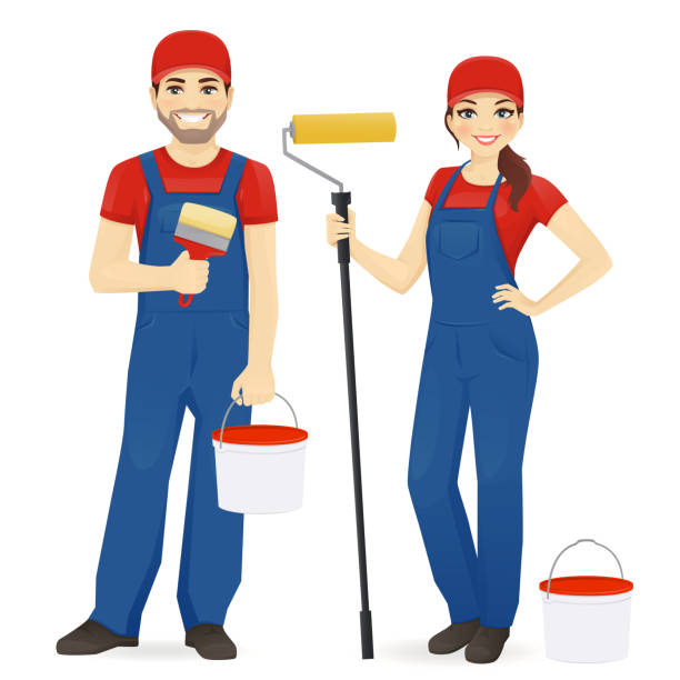 ilustraciones, imágenes clip art, dibujos animados e iconos de stock de pintores - female house painter home decorator paintbrush