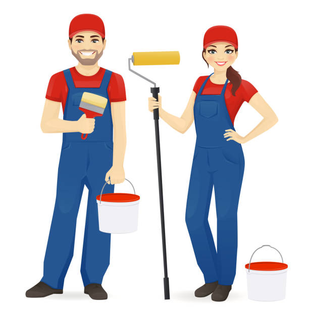 Painters Set of male and female painters wearing blue overall with roller, brush and paint isolated vector illustration house painter stock illustrations