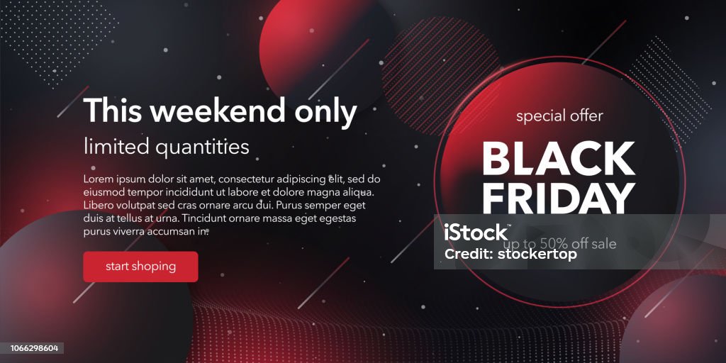 Black friday special offer template. Social media web banner for shopping, sale, product promotion. Background for website and mobile app banner, email. Vector image in black and red colors. Abstract stock vector