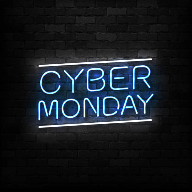 realistische vektor isoliert leuchtreklame der cyber monday logo für dekoration und verkleidung auf der wand-hintergrund. konzept der elektronik-markt, verkauf und rabatt. - label price tag price blank stock-grafiken, -clipart, -cartoons und -symbole