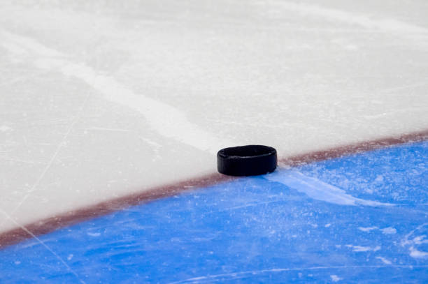 istock Hockey puck stand on side on goal line. Close view 1066309458