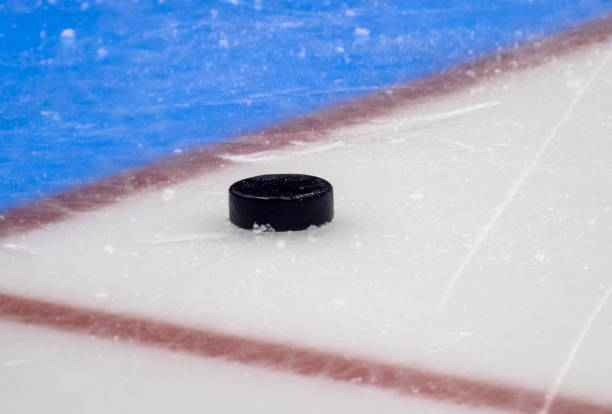 istock Hockey puck stand on side on goal line. Close view 1066309586
