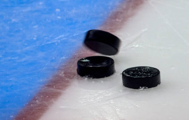 istock Hockey puck stand on side on goal line. Close view 1066309598