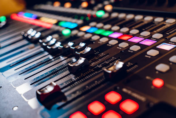 istock Studio mixing panel.Sound Mixer, Audio Mixer Slide. Music equipment blurred background. 1066309740