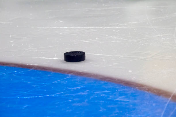 istock Puck on ice hockey rink surface, sport background 1066310236