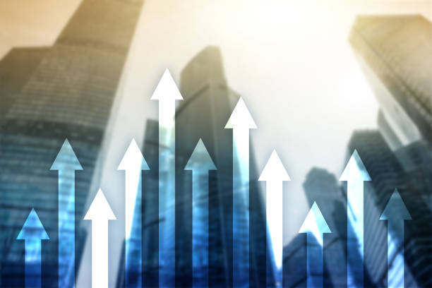istock Up arrow graph on skyscraper background. Invesment and financial growth concept. 1066310460