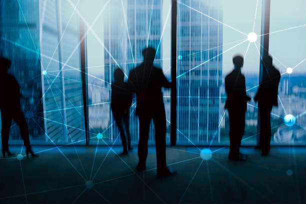 istock Blockchain network on blurred skyscrapers background. Financial technology and communication concept. 1066310482