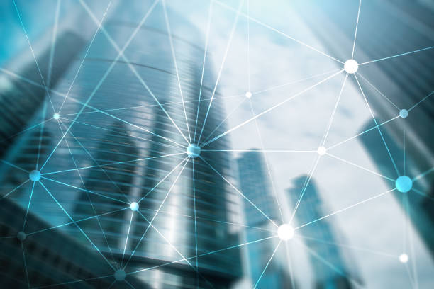 istock Blockchain network on blurred skyscrapers background. Financial technology and communication concept. 1066310488