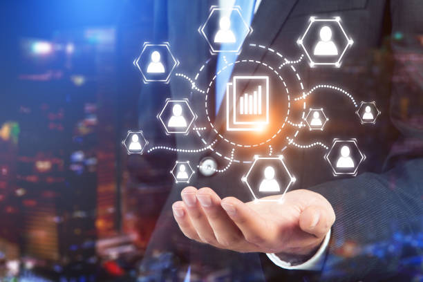 istock Businessman in night city, people network 1066318124
