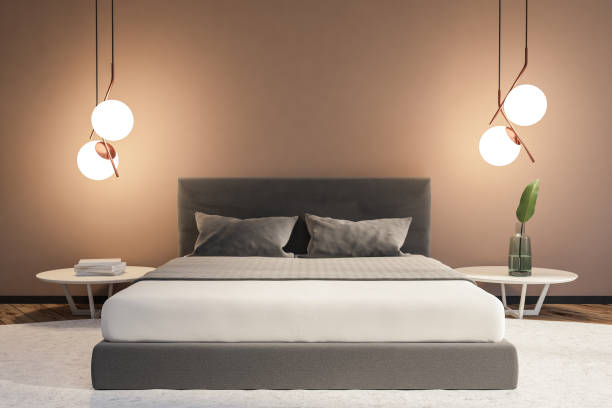 istock Beige minimalistic bedroom interior master bed 1066318206