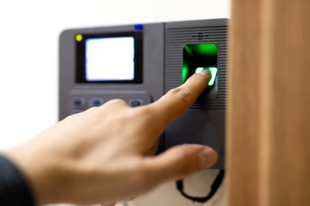 istock Fingerprint scan security door lock at use 1066319566