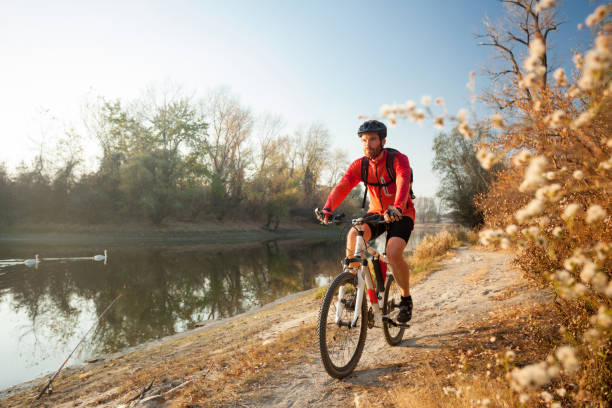 determined young man riding mountain bike on a footpath along the lake or river on a sunny autumn day - cycling cyclist bicycle men imagens e fotografias de stock