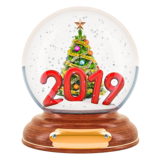 istock Christmas snow globe 2019 with Christmas tree inside, 3D rendering isolated on white background 1066343184