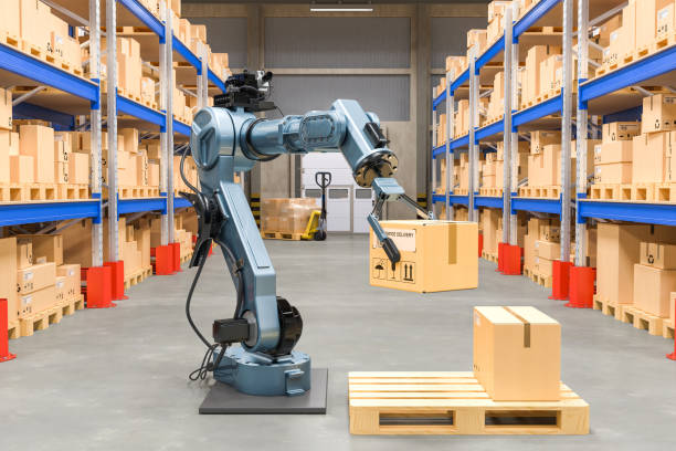 istock Robotic arm with cardboard box. Automatic warehouse concept. 3D rendering isolated on white background 1066343250