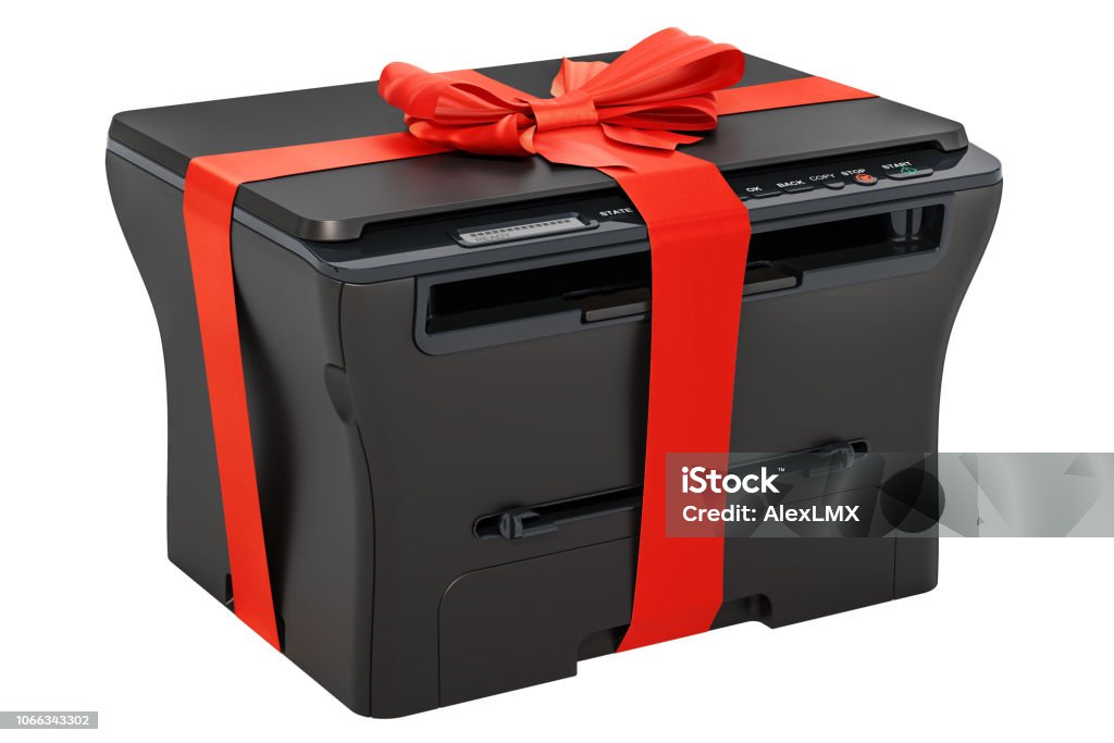 Multifunction printer MFP with ribbon and bow, gift concept. 3D rendering isolated on white background Appliance Stock Photo