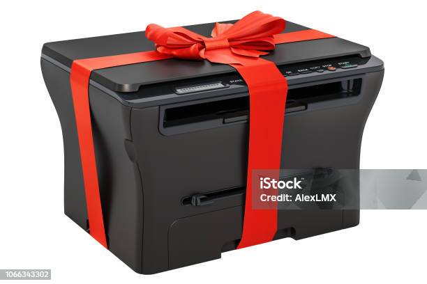Multifunction Printer Mfp With Ribbon And Bow Gift Concept 3d Rendering Isolated On White Background Stock Photo - Download Image Now