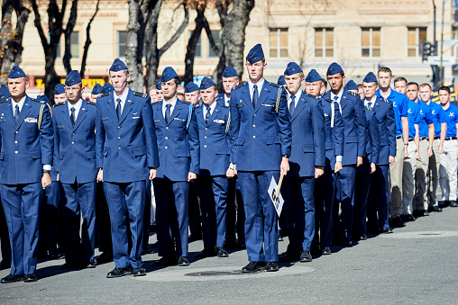 Prescott, Arizona, USA - November 10, 2018: Embry Riddle Aeronautical University Air Force ROTC students marching  in the Veteran's Day Parade on Cortez St.