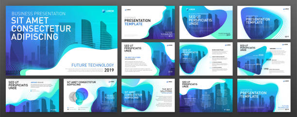 Business presentation templates set Business presentation templates set. Use for presentation background, brochure design, website slider, landing page, annual report. digital presentation stock illustrations