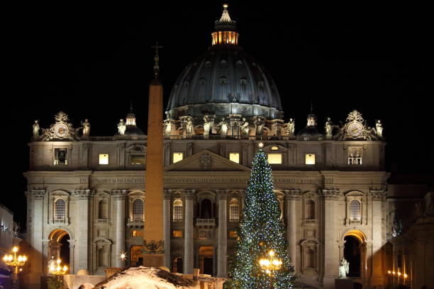 크리스마스 시간에 세인트 피터 대성당의 야경 - statue architecture st peters basilica vatican 뉴스 사진 이미지