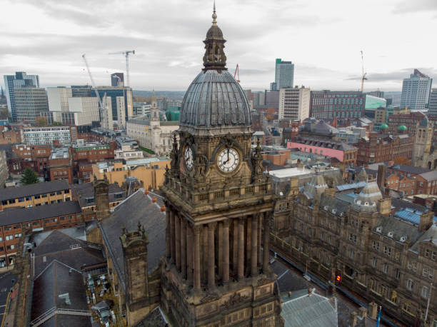 aerial photo showing the leeds town hall - clock clock tower built structure brick imagens e fotografias de stock