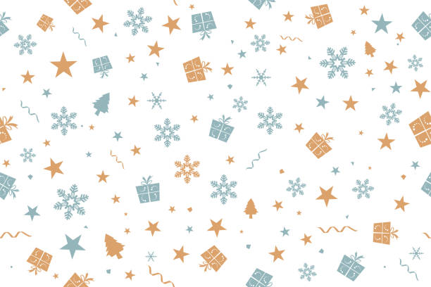 ilustrações de stock, clip art, desenhos animados e ícones de vector illustration of a seamless xmas background. vintage colors  pale blue green and dull orange brown party and celebration elements like swirls, wrapped up gift boxes, pentagram stars, snowflakes, christmas trees, dots of different over white - christmas present bow christmas snowflake