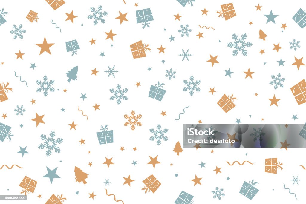 Vector Illustration of a seamless Xmas background. Vintage colors  pale blue green and dull orange brown party and celebration elements like swirls, wrapped up gift boxes, pentagram stars, snowflakes, christmas trees, dots of different over white Vector Illustration of a seamless Xmas background. Vintage colors  pale blue green and dull orange brown party and celebration elements like swirls, wrapped up gift boxes, pentagram stars, snowflakes, christmas trees, dots of different sizes , confetti, over white. No text, no people, Can be used as a Christmas background, gift wrapping sheet or New Year celebration backdrop. The gift boxes are wrapped up by a ribbon and tied into a two looped bow with forked ends. The gift boxes have a dotted curved pattern detail. Pattern stock vector