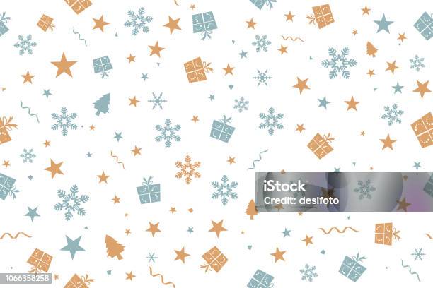 Vector Illustration Of A Seamless Xmas Background Vintage Colors Pale Blue Green And Dull Orange Brown Party And Celebration Elements Like Swirls Wrapped Up Gift Boxes Pentagram Stars Snowflakes Christmas Trees Dots Of Different Over White Stock Illustration - Download Image Now