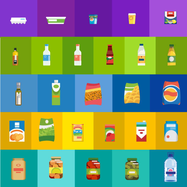 zestaw płaskich ikon wektorowych produktów spożywczych i napojów - food processing plant illustrations stock illustrations