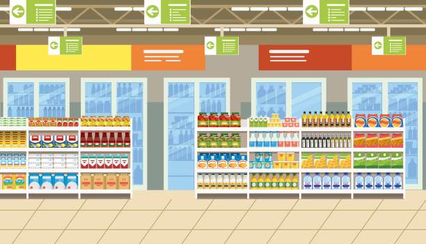 wnętrze supermarketu z jedzeniem na półkach vector - chipping stock illustrations