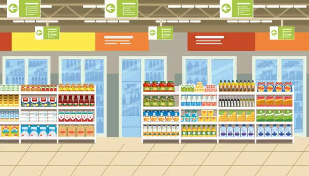 Vector illustration of Supermarket Interior with Food on Shelves Vector