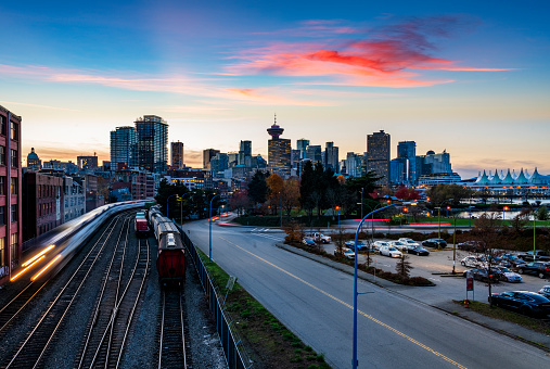 Freight lines with Vancouver city skyline,elevated view,Canada.