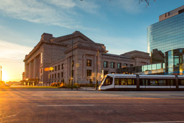 Kansas City Streetcar in front of Union Station at sunset
