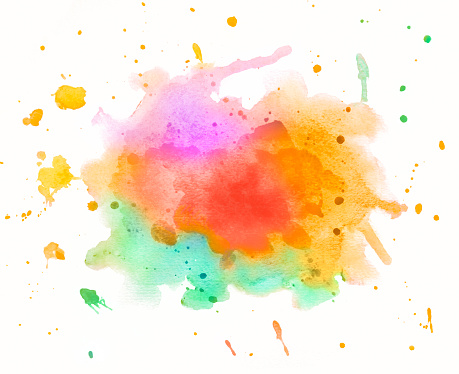 Yellow, red, green and purple watercolor spot with splashes on white watercolor paper