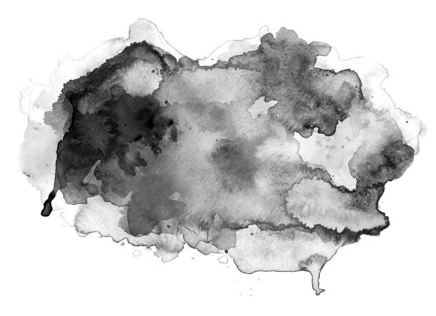 Black watercolor cloud on white Black watercolor abstract with splashes on white watercolor paper. My own work. ink stock pictures, royalty-free photos & images