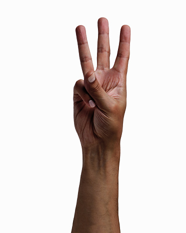 African man hand showing three fingers on a white isolated background