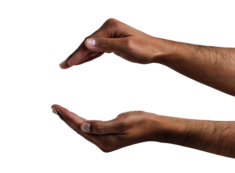 African man hands with a protection gesture isolated on a white background
