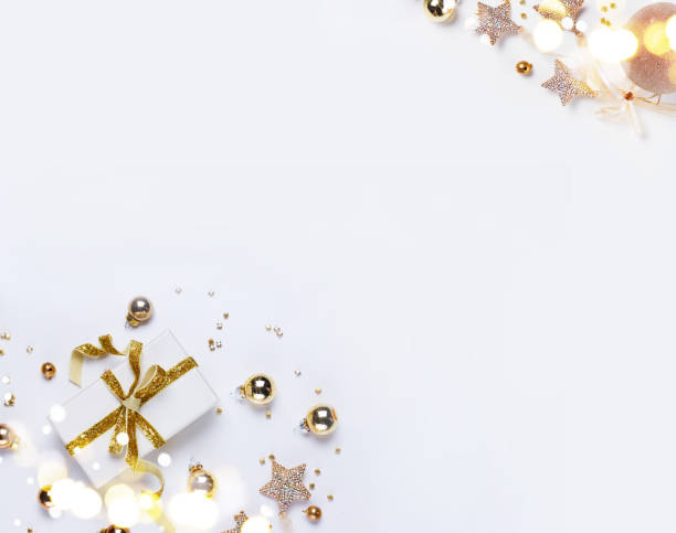 istock Christmas flat lay scene with golden decorations 1066376326