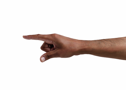 African man hand pointing the finger tossing a coin isolated on white