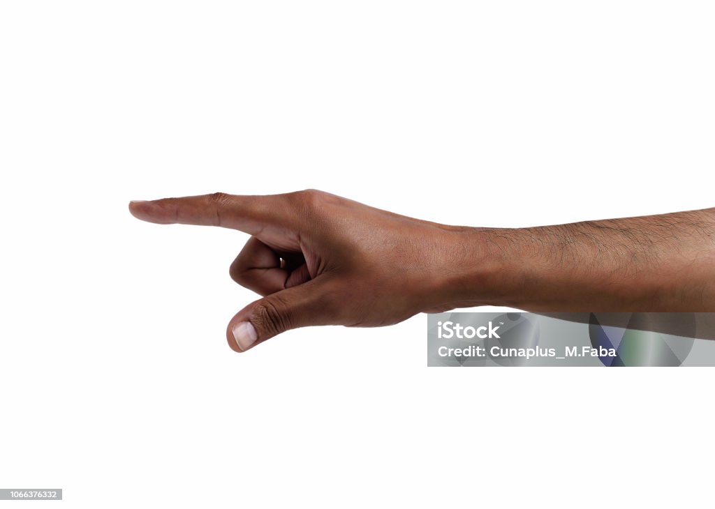 hand symbol African man hand pointing the finger tossing a coin isolated on white Hand Stock Photo