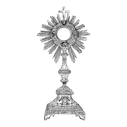 Monstrance. Ostensorium used in Roman Catholic, Old Catholic and Anglican ceremony traditions. Benediction of the Blessed Sacrament is used to displayed to Eucharist, Eucharistic host. Hand drawn. Vector.