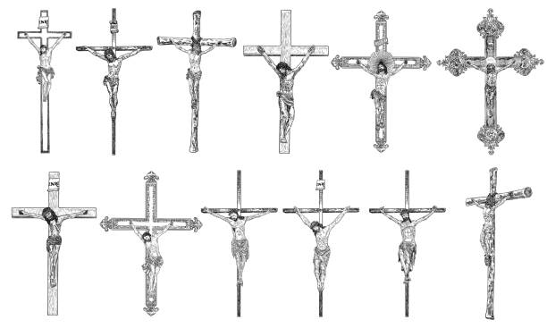 ilustraciones, imágenes clip art, dibujos animados e iconos de stock de conjunto de dibujos de la mano de jesucristo en la cruz. crucifixión del hijo de dios por los pecados de personas vector. - crucifix