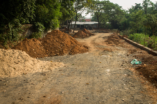 Bolpur, India- October 28, 2018- Construction work in progress of a village road in India.