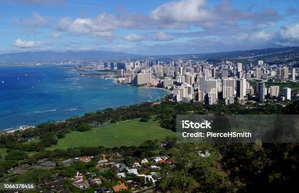 High Altitude View Of Waikiki Beach And Coast Of Oahu Stock Photo - Download Image Now