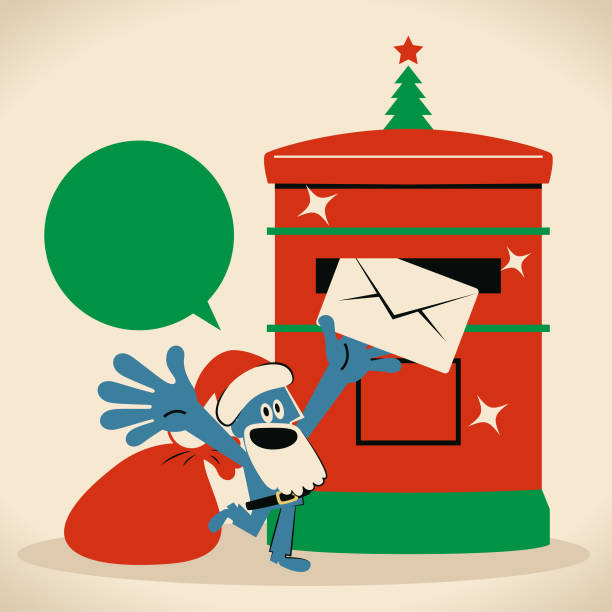 ilustrações, clipart, desenhos animados e ícones de lindo papai noel colocando um envelope em uma caixa de correio pública, enviando email ou cartão postal - red asia send mail