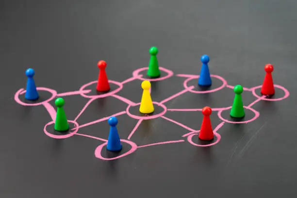 Social network, connect or relation concept, game plastic figure on colorful pastel chalk line link and connect between multiple circles or tiers on dark blackboard.